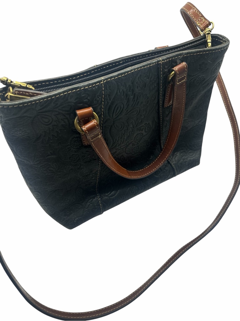 Fossil Vintage Black Embossed Leather Shoulder Bag with Brown Handles 90's
